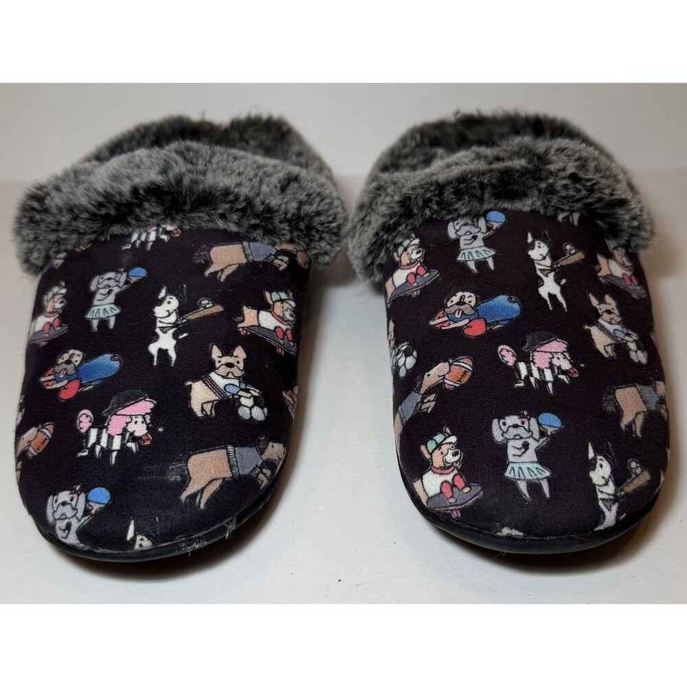 BOBS by Skechers Dog Print Slippers Women’s 7 Black Faux Fur Memory Foam